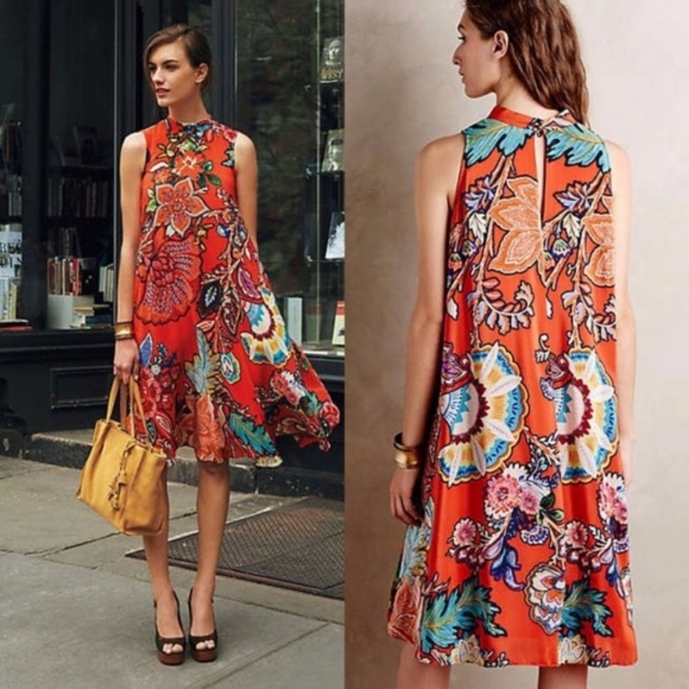 Maeve Anthropologie S 100% Silk Swing Dress Larkhill Orange Sleeveless Pockets